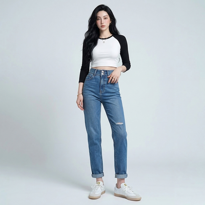 Quần jean baggy LOREN rách tua xanh B5390