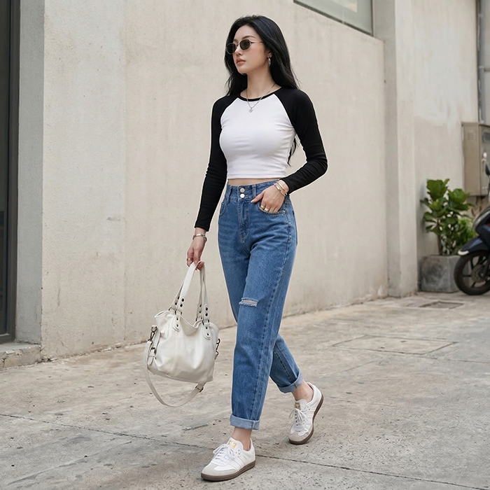 Quần jean baggy LOREN rách tua xanh B5390