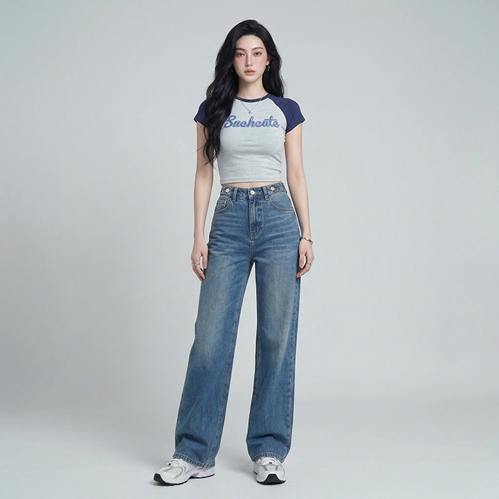 Quần jean ống rộng LOREN trơn xanh B5422