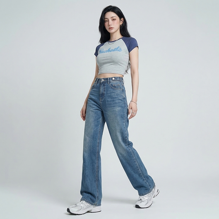 Quần jean ống rộng LOREN trơn xanh B5422