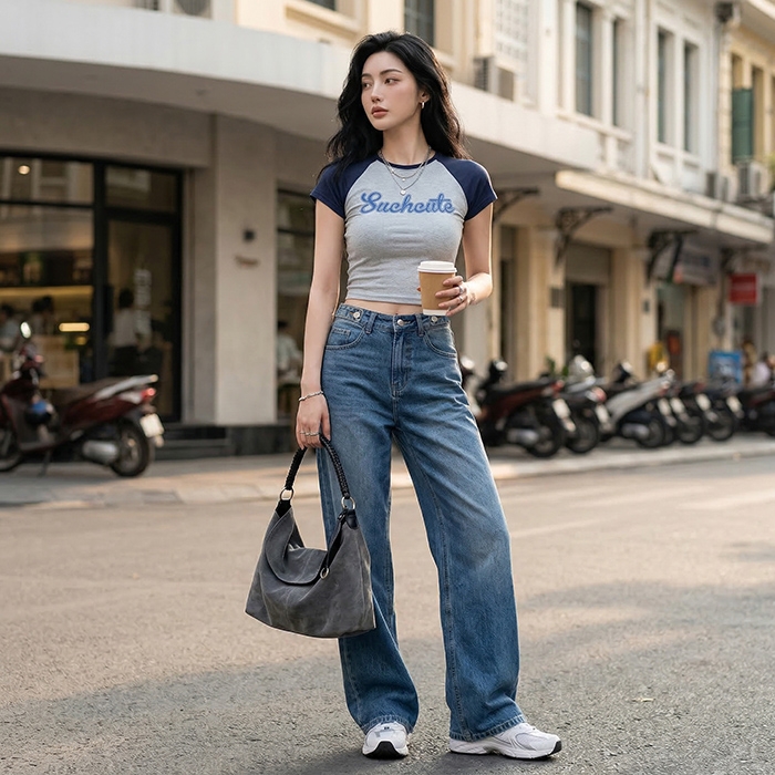 Quần jean ống rộng LOREN trơn xanh B5422