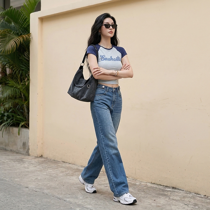 Quần jean ống rộng LOREN trơn xanh B5422