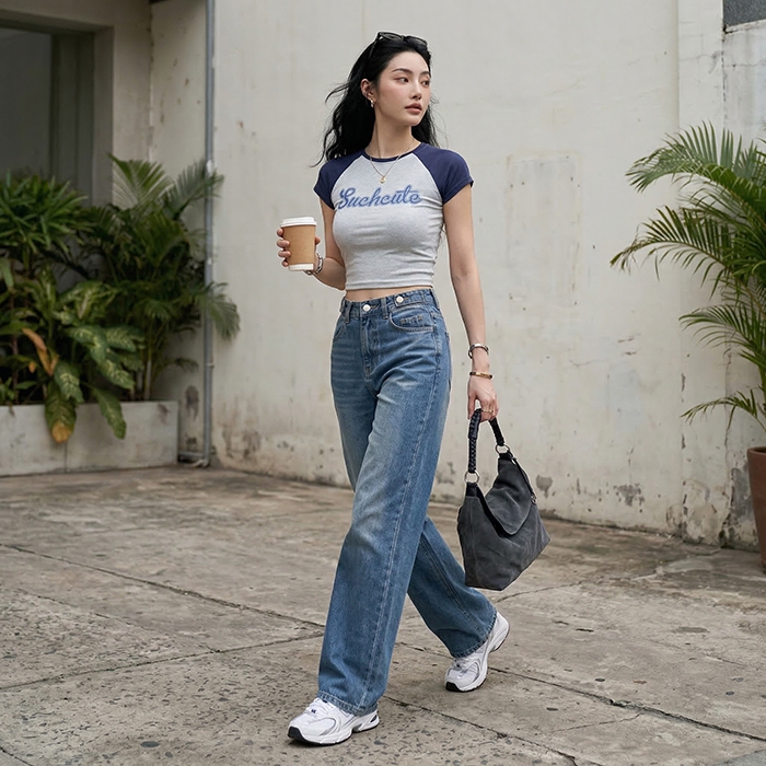 Quần jean ống rộng LOREN trơn xanh B5422