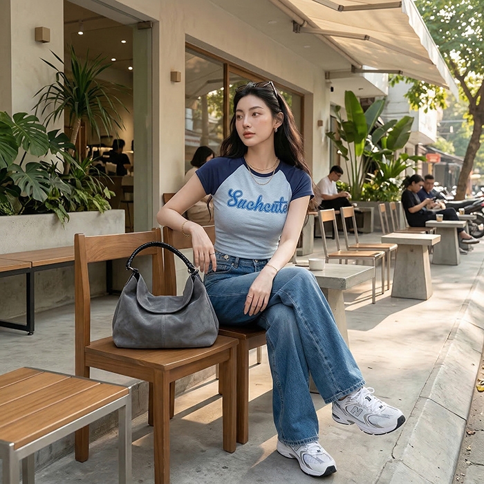 Quần jean ống rộng LOREN trơn xanh B5422