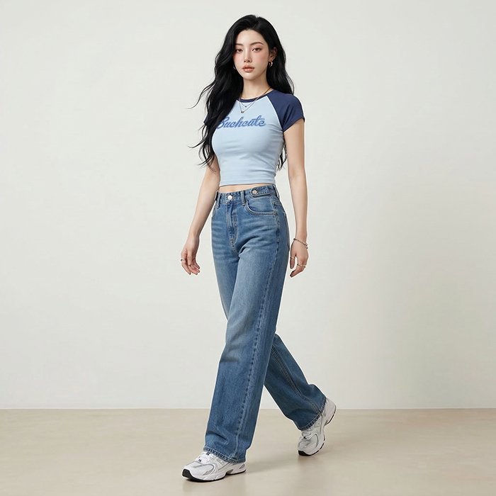 Quần jean ống rộng LOREN trơn xanh B5422