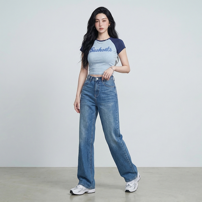 Quần jean ống rộng LOREN trơn xanh B5422