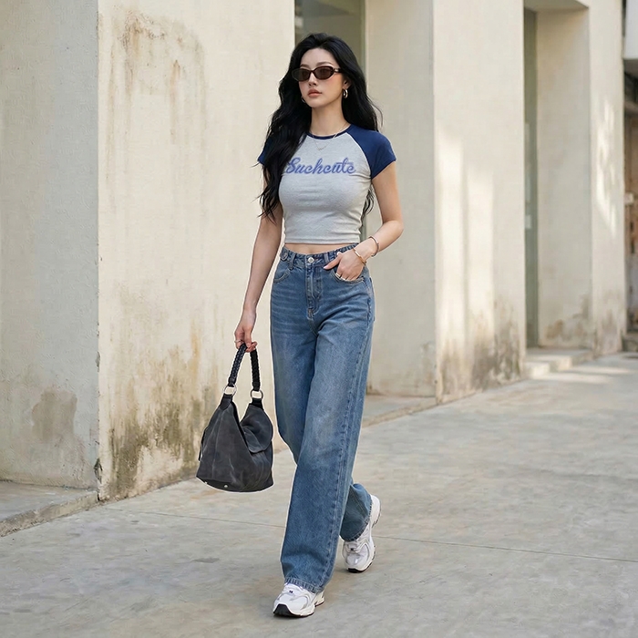 Quần jean ống rộng LOREN trơn xanh B5422