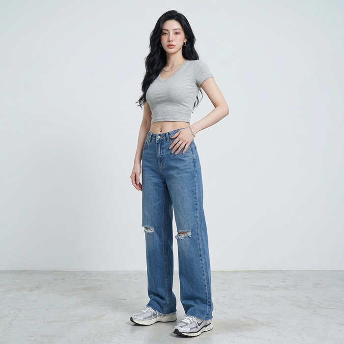Quần jean ống rộng LOREN rách tua xanh B5425