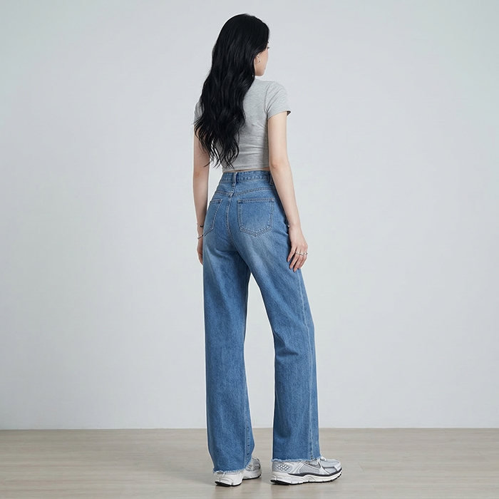 Quần jean ống rộng LOREN rách tua xanh B5425