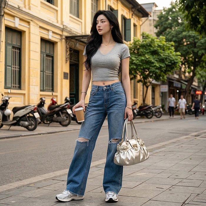 Quần jean ống rộng LOREN rách tua xanh B5425