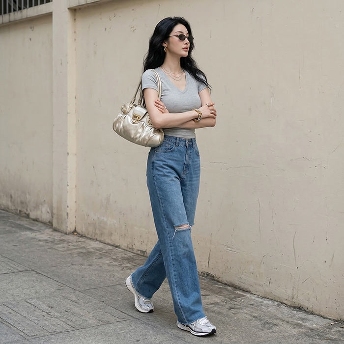 Quần jean ống rộng LOREN rách tua xanh B5425