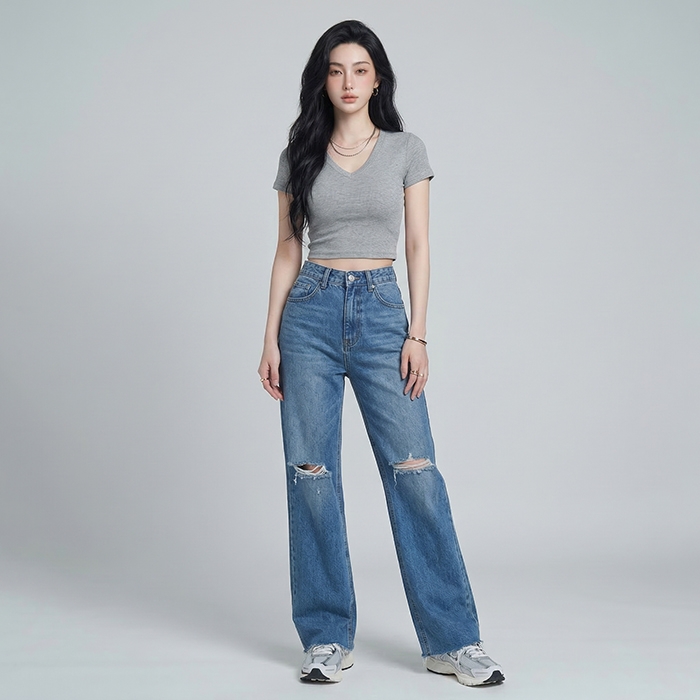 Quần jean ống rộng LOREN rách tua xanh B5425