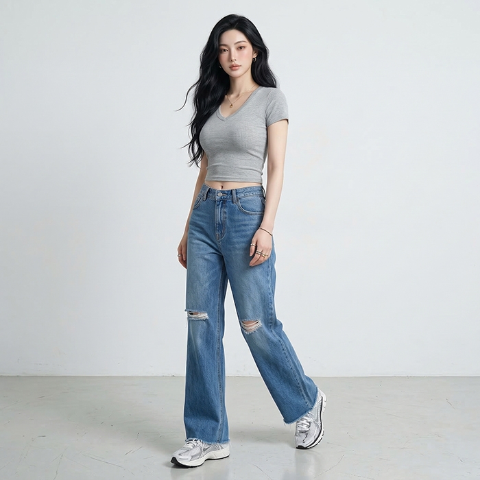 Quần jean ống rộng LOREN rách tua xanh B5425