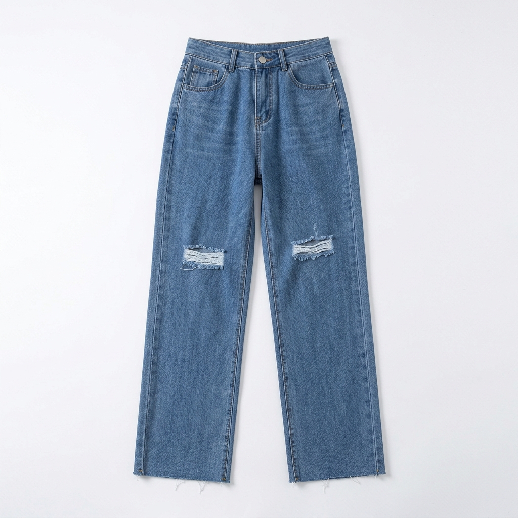 Quần jean ống rộng LOREN rách tua xanh B5425