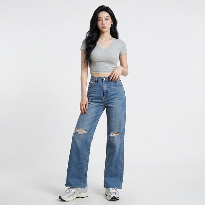 Quần jean ống rộng LOREN rách tua xanh B5425