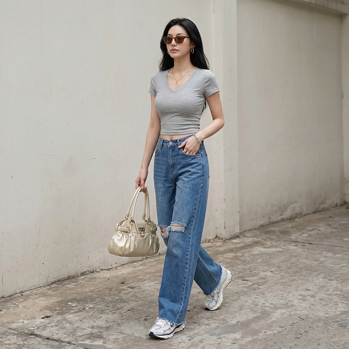 Quần jean ống rộng LOREN rách tua xanh B5425
