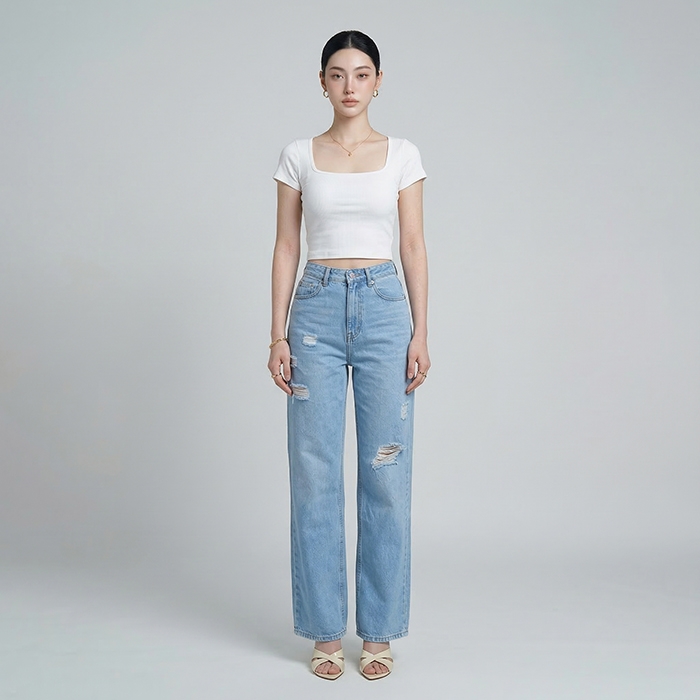 Quần jean ống rộng LOREN rách gối xanh B5431
