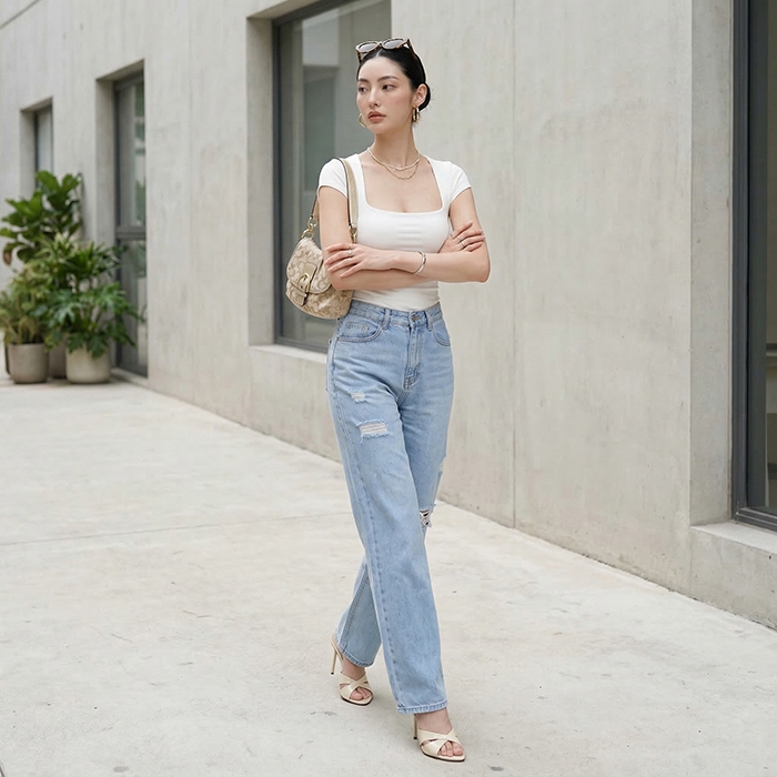 Quần jean ống rộng LOREN rách gối xanh B5431