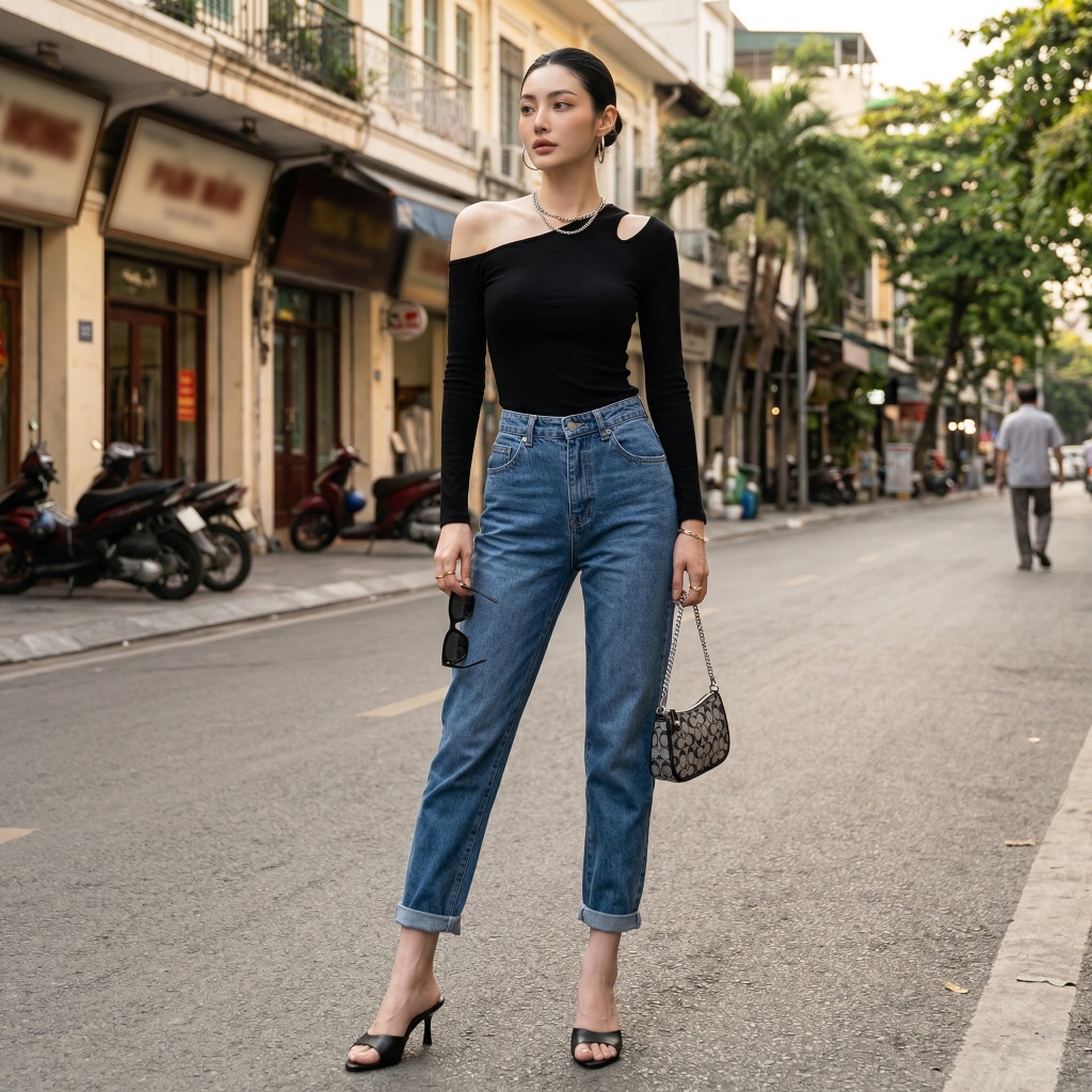 Quần jean baggy LOREN trơn tua xanh B5592