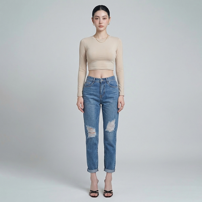 Quần jean baggy LOREN rách gối xanh B5594