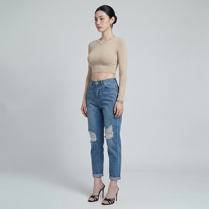 Quần jean baggy LOREN rách gối xanh B5594