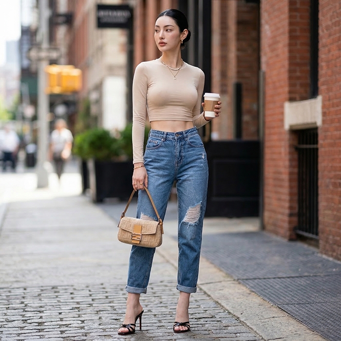 Quần jean baggy LOREN rách gối xanh B5594