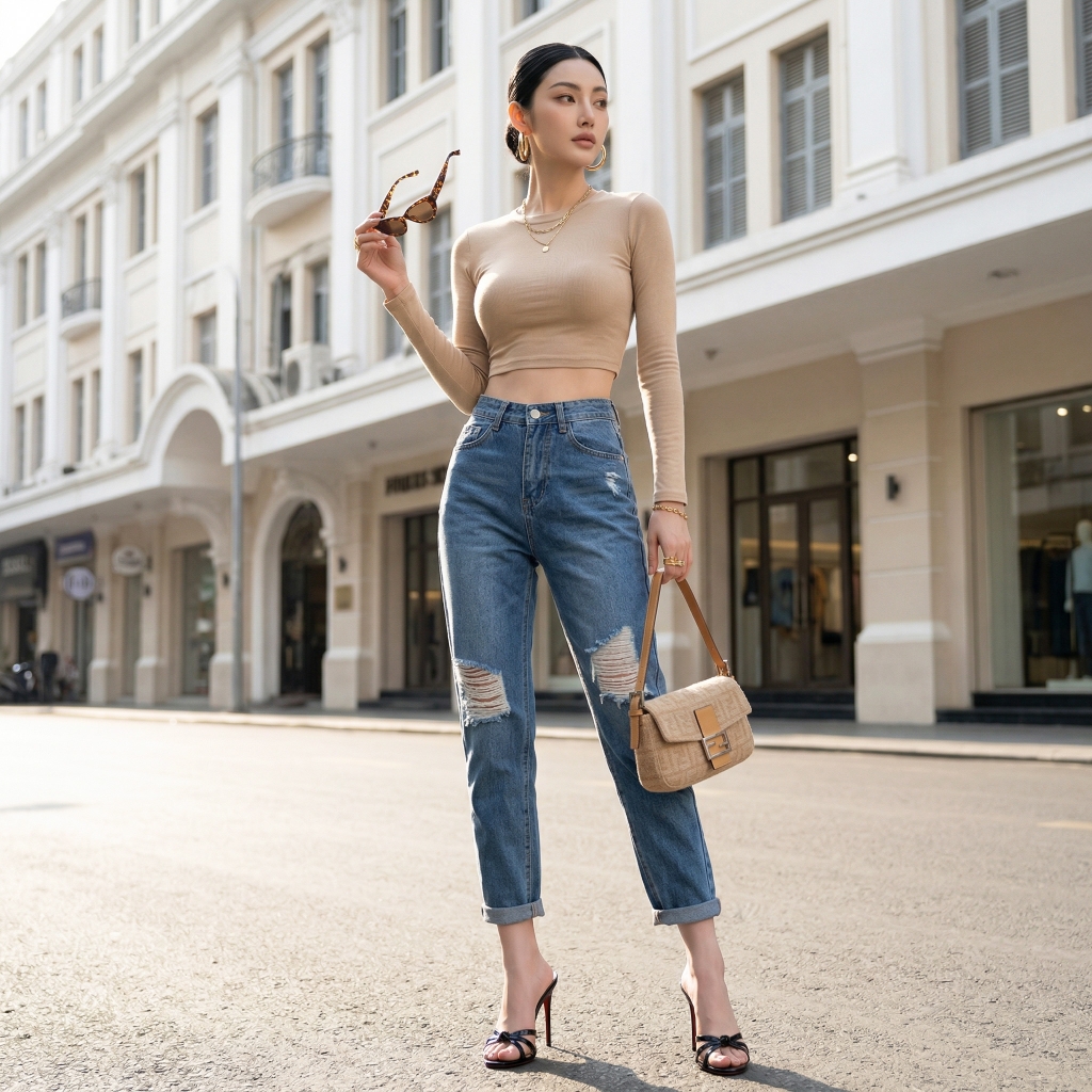 Quần jean baggy LOREN rách gối xanh B5594