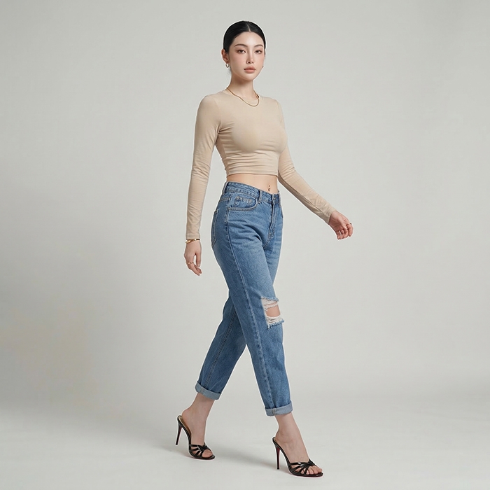 Quần jean baggy LOREN rách gối xanh B5594
