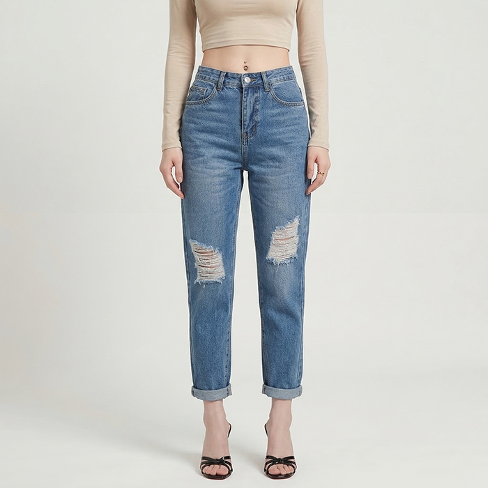 Quần jean baggy LOREN rách gối xanh B5594