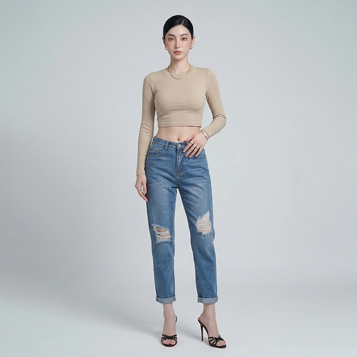 Quần jean baggy LOREN rách gối xanh B5594