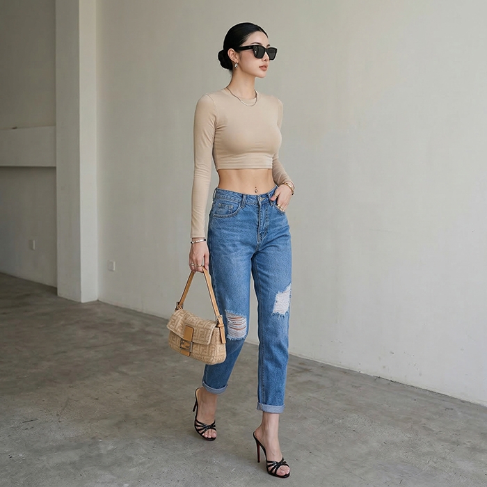 Quần jean baggy LOREN rách gối xanh B5594