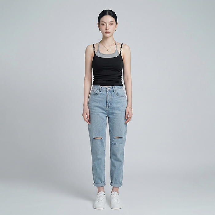 Quần jean baggy LOREN rách gối tua xanh B5748