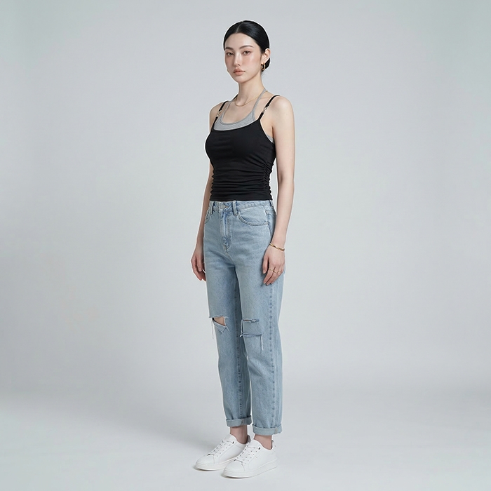 Quần jean baggy LOREN rách gối tua xanh B5748