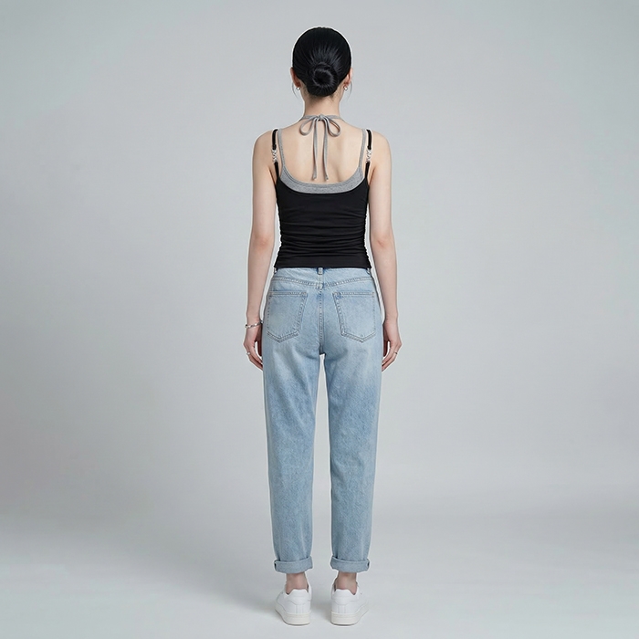 Quần jean baggy LOREN rách gối tua xanh B5748