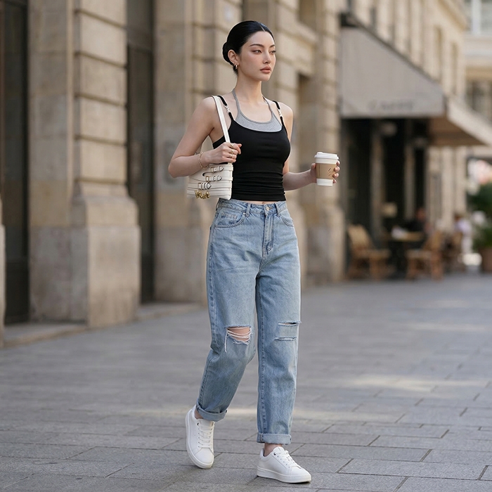 Quần jean baggy LOREN rách gối tua xanh B5748
