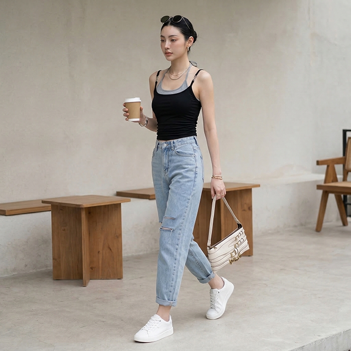 Quần jean baggy LOREN rách gối tua xanh B5748