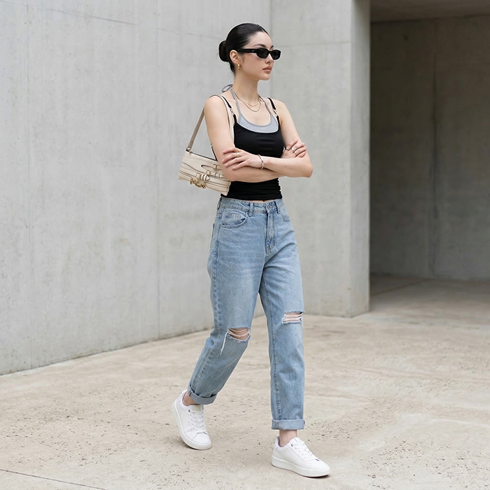 Quần jean baggy LOREN rách gối tua xanh B5748