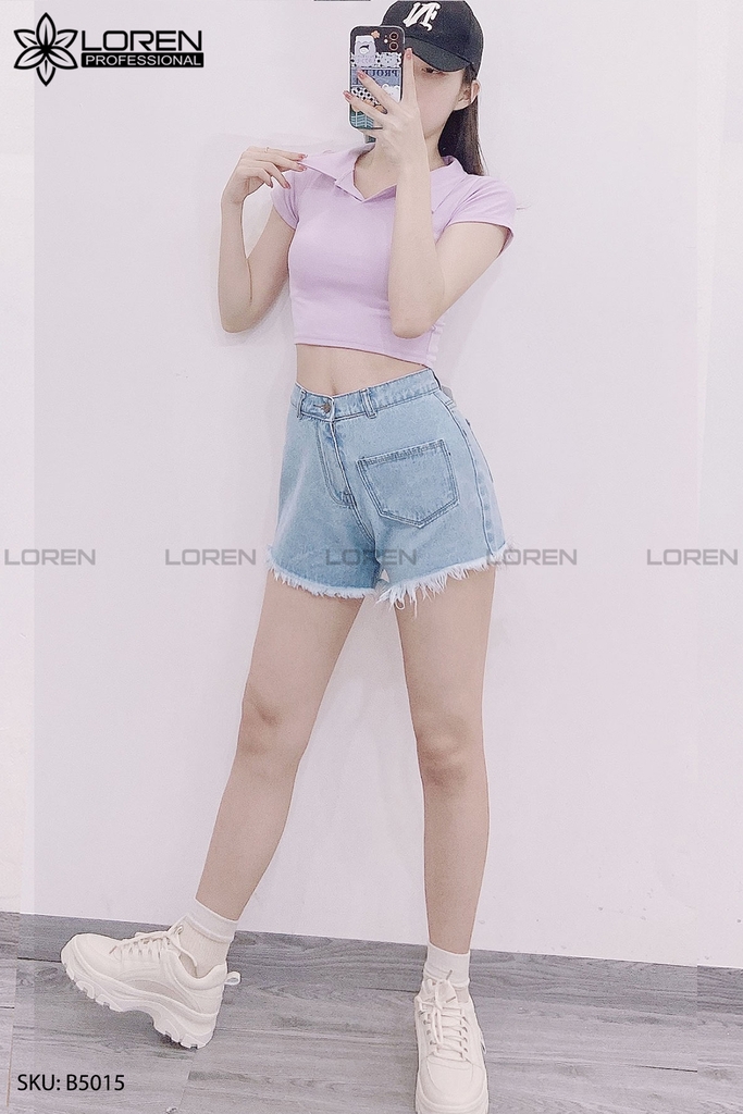 Quần jean short kiểu túi tua xanh B5015