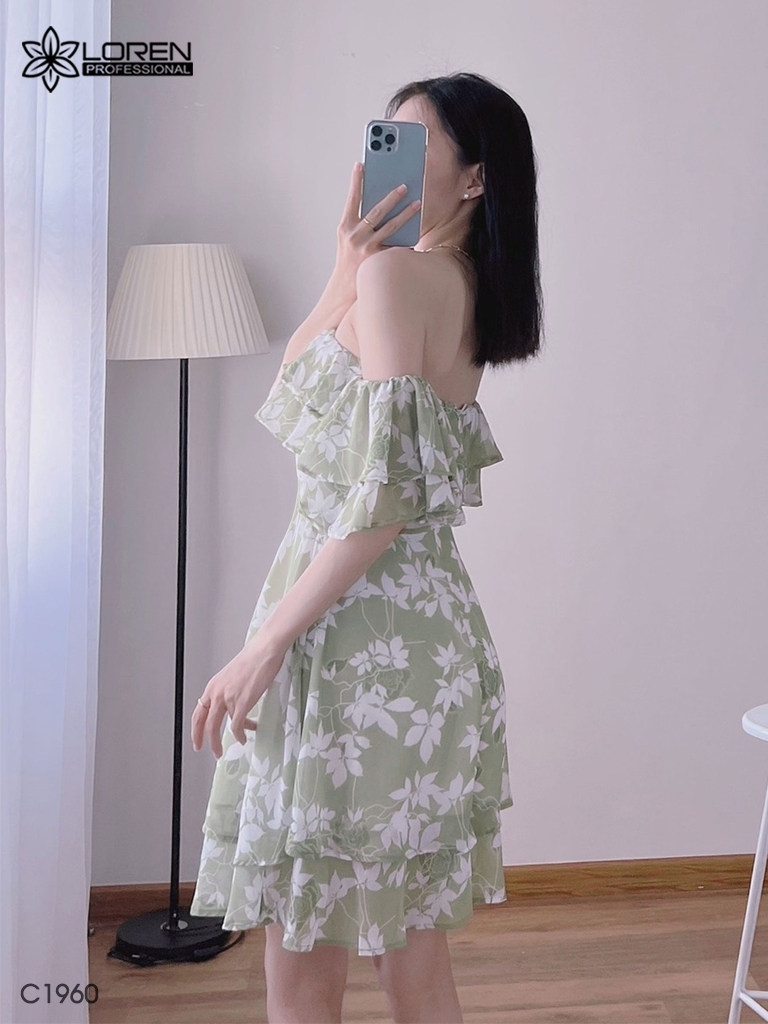 Đầm hoa nữ LOREN bẹt vại xanh bơ C1960