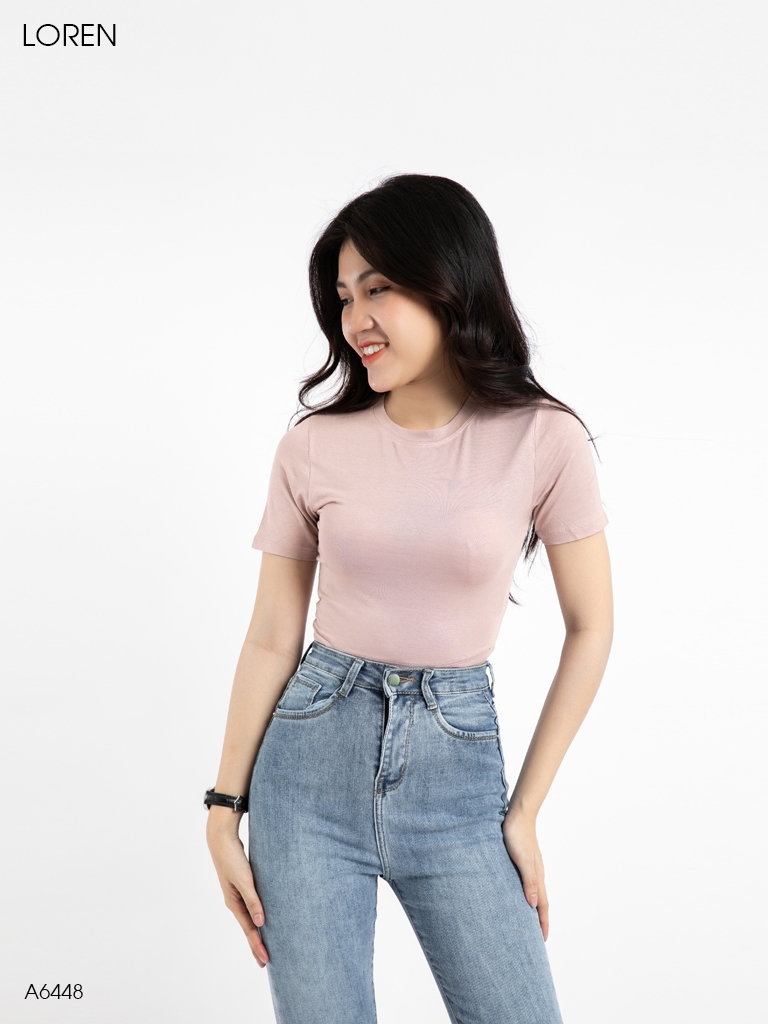 Áo croptop cổ tròn tay ngắn hồng A6449