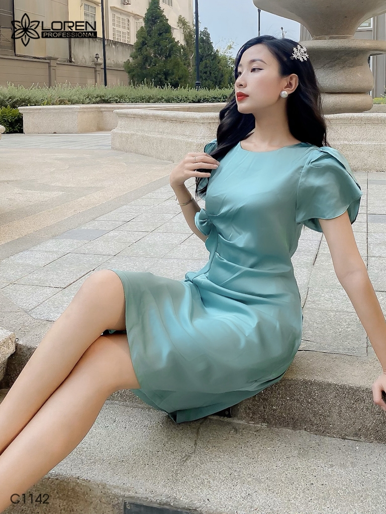 Đầm LOREN đinh bông cổ tròn xanh C1142