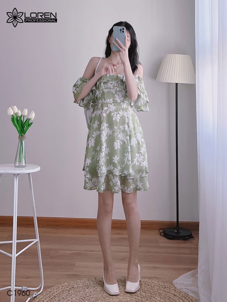 Đầm hoa nữ LOREN bẹt vại xanh bơ C1960