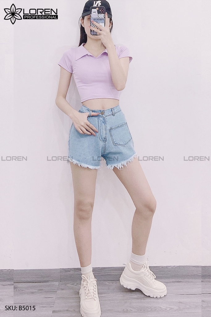 Quần jean short kiểu túi tua xanh B5015