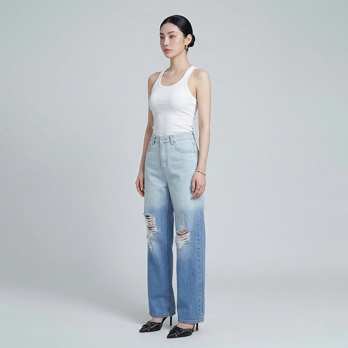 Quần jean nữ LOREN ống rộng wash B51062