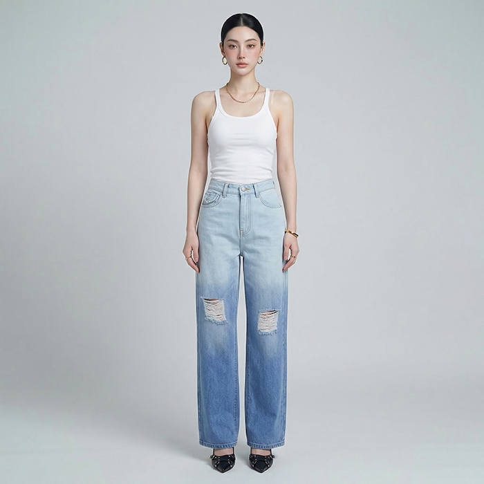 Quần jean nữ LOREN ống rộng wash B51062