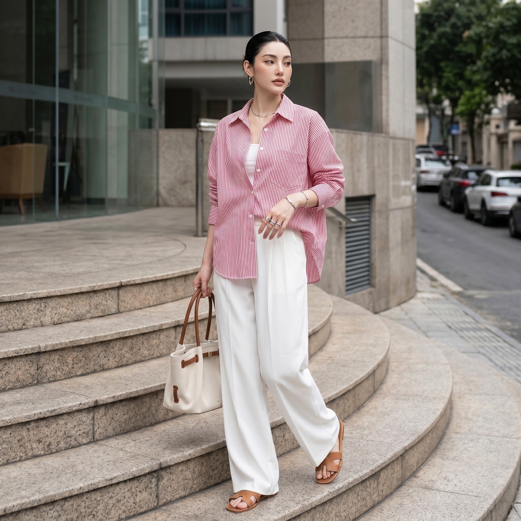 Áo sơ mi nữ form rộng LOREN cotton Oxford tối giản WASH11140