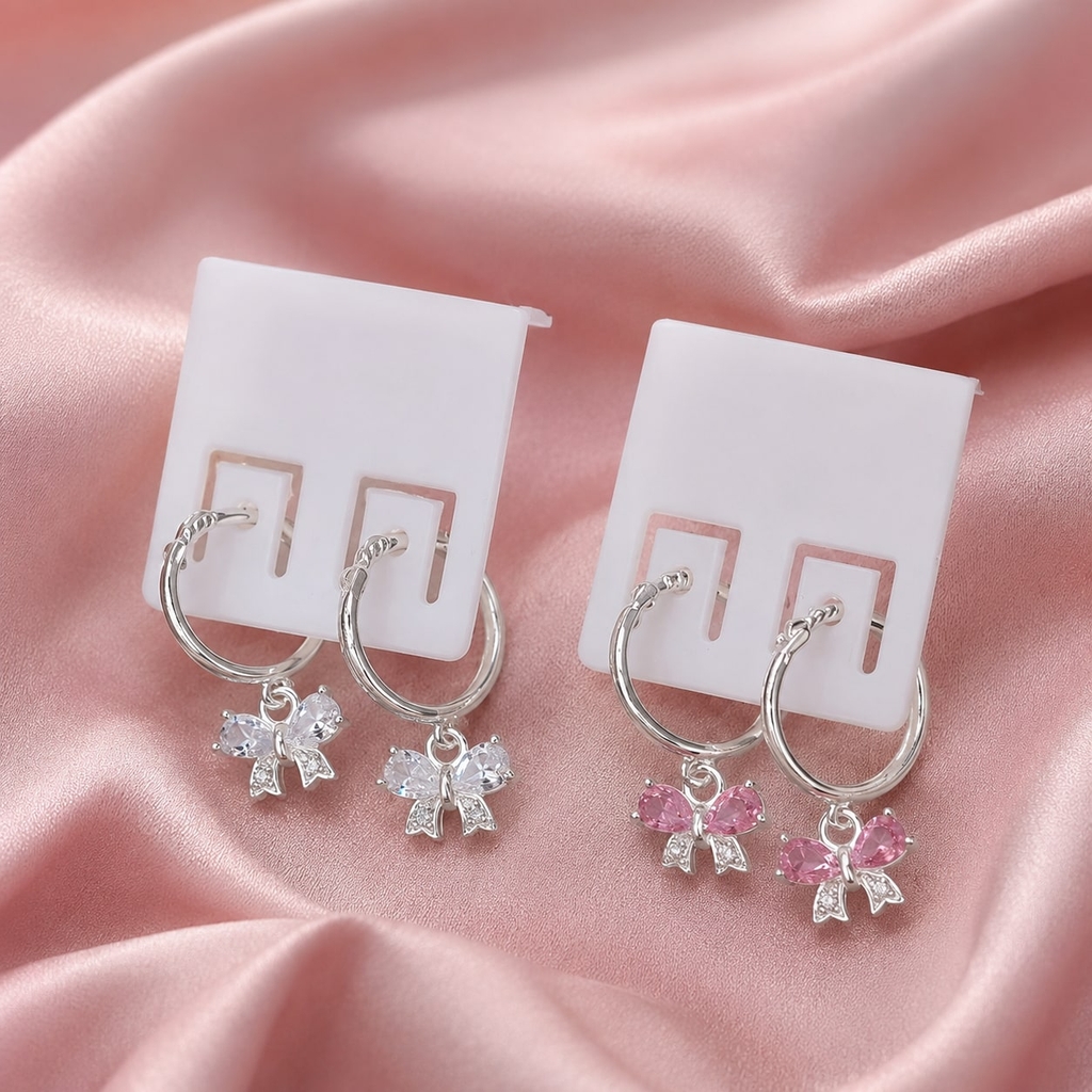 Bông Tai Bạc Cho Bé - Khoen Charm Nơ Và Hoa - BTB008