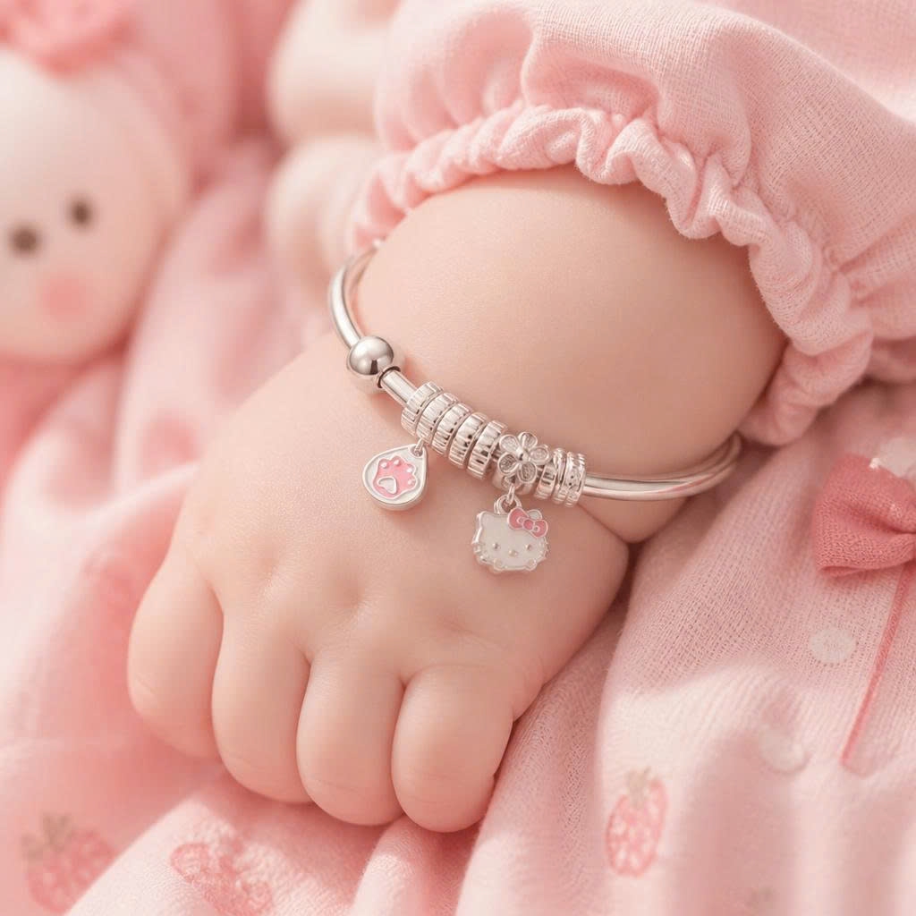 Vòng Tay Bạc Nguyên Chất 99 Cho Bé - Charm Trái Tim Và Đá Hồng - VTB99B003