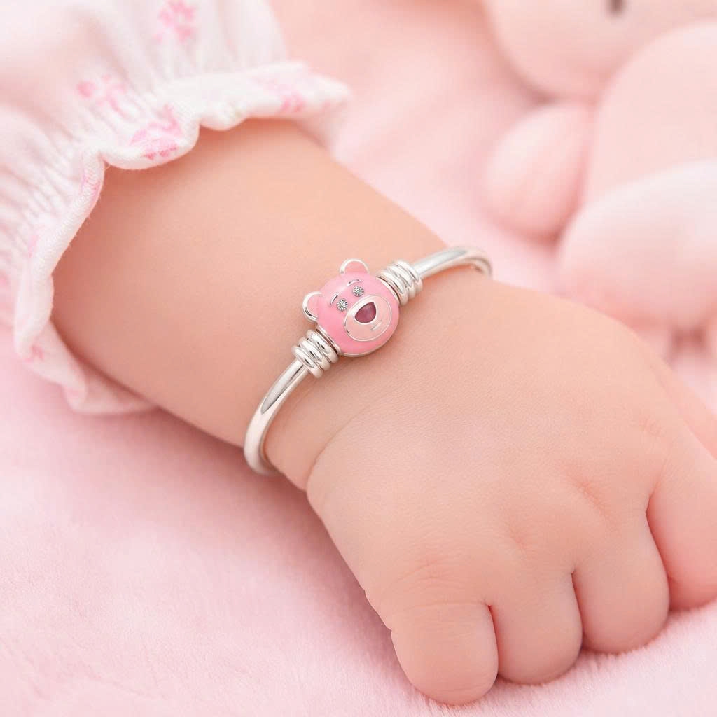Vòng Tay Bạc Nguyên Chất 99 Cho Bé - Charm Trái Tim Và Đá Hồng - VTB99B003