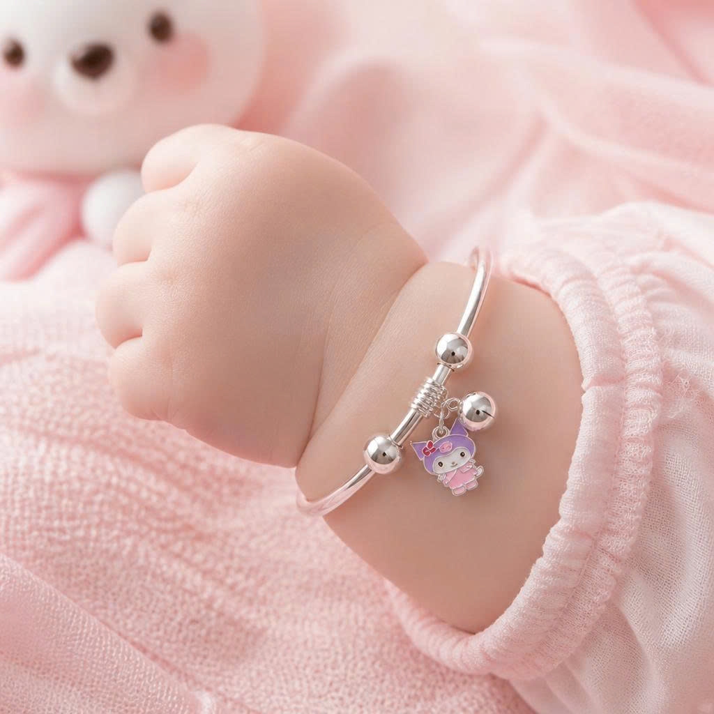 Vòng Tay Bạc Nguyên Chất 99 Cho Bé - Charm Trái Tim Và Đá Hồng - VTB99B003